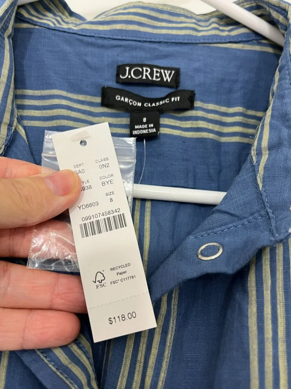 New J.Crew Size 8 Striped Cotton Voile Western Button-Down Shirt